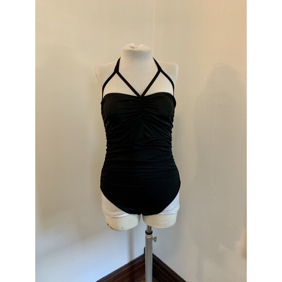 Kamali Kulture Shirred Waist Mio  One Piece Swim Ruched Black Large Halter Cut - Picture 3 of 13